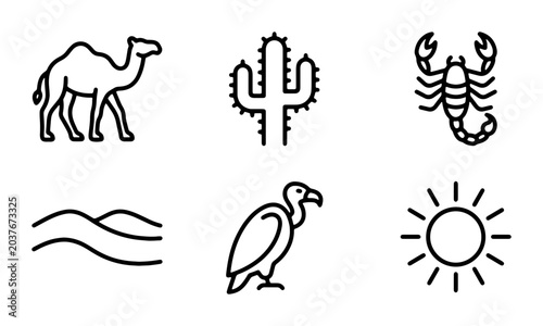 Desert Icons: Camel, Cactus, Scorpion, Sun, Vulture, Dunes Vector Set