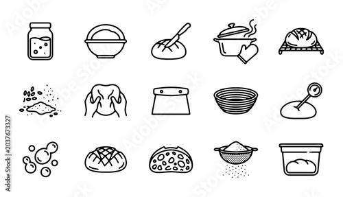 Baking Icons Set, Bread Making Vector Graphics, Food Preparation Elements, Kitchen Tools Collection