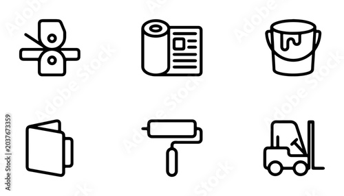Foto Printing Press, Newspaper Roll, Paint Bucket, Folder, Roller, Forklift Icons: Gr