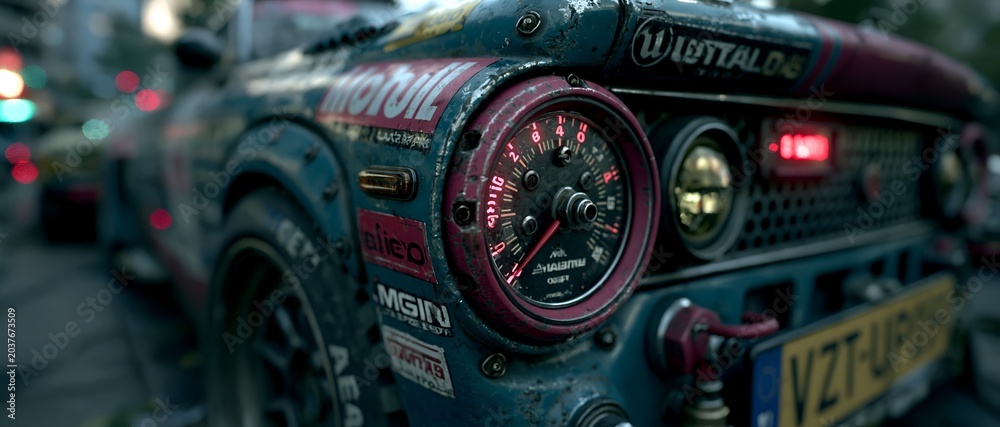 Obraz premium Vintage rusty car with a striking red gauge. 64k 8k widescreen, HDR,
