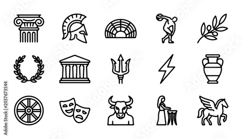 Canvastavla Ancient Greek Icons Set: Mythology, History, Culture, Symbols, Vector Graphics