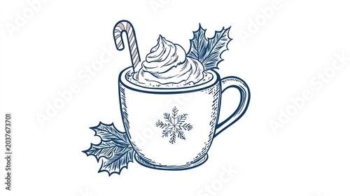 Festive mug of hot chocolate with whipped cream and a candy cane