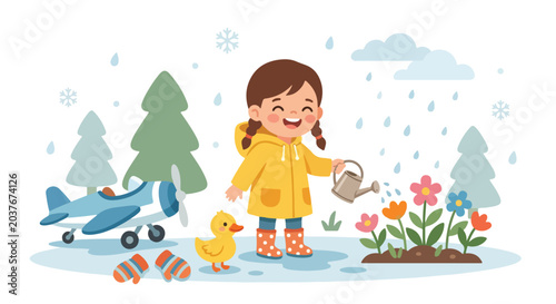 A cheerful girl in a yellow raincoat happily waters vibrant garden flowers during a light rain shower, surrounded by her favorite outdoor toys.