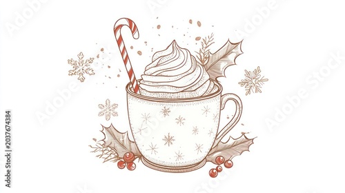 Festive cocoa drink with candy cane and winter embellishments on white background