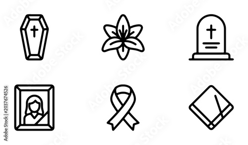 Photography Funeral Icons, Grief Symbols, Mourning Objects, Memorial Vector Set