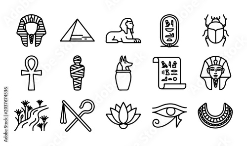 Tableau sur toile Ancient Egyptian Icons Set: Pharaoh, Pyramid, Sphinx, Hieroglyphs, Scarab, Ankh,