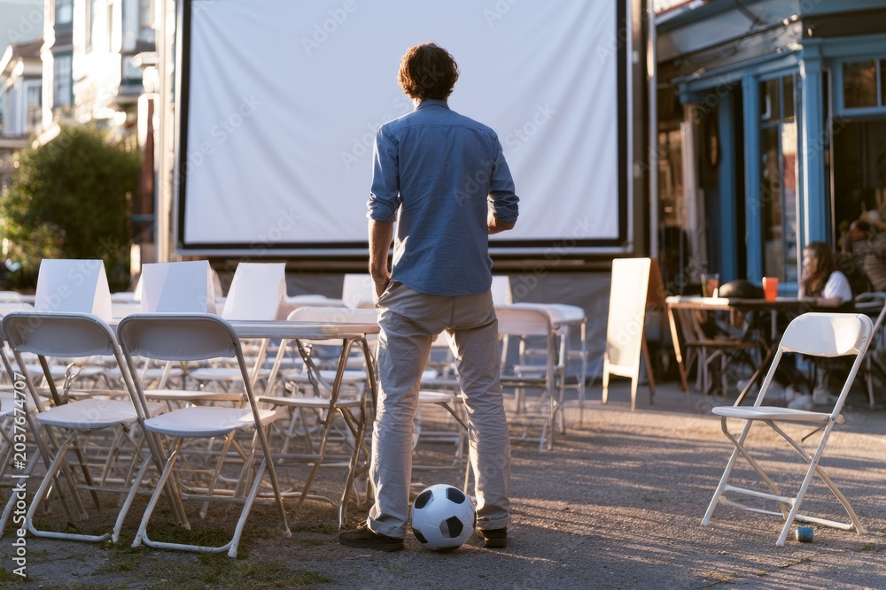 Fototapeta premium Man setting up outdoor screen viewing area with folding chairs and soccer ball