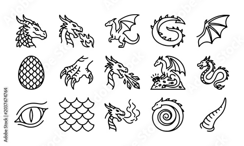 Foto Fantasy Dragon Icons Set, Mythical Creature Vector Graphics, Magical Beasts Line