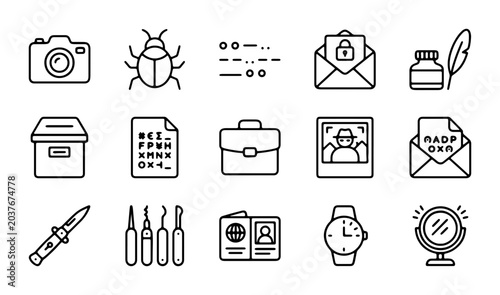 Canvas Print Detective Icons Set: Investigation, Spy, Secret Agent, Crime Scene, Surveillance