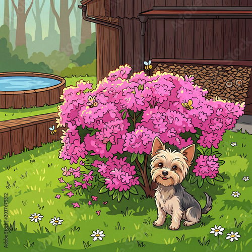 Adorable cartoon Yorkshire terrier puppy sitting on green lawn next to large pink rhododendron bush with flying bees, summer backyard garden with wooden cabin, wood pile and pool, colorful