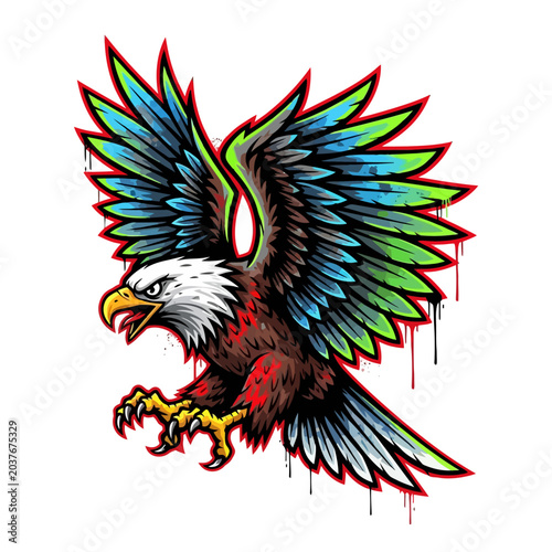 Aggressive Eagle Mascot Illustration with Graffiti Drip Effect