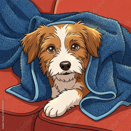 Adorable cartoon puppy with brown and white fur wrapped in fluffy blue towel after bath, cute small dog resting on red couch indoors, wet dog drying with big brown eyes looking at camera, cozy home 