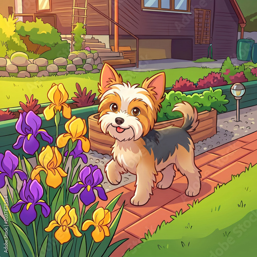 Happy cartoon Yorkshire terrier dog standing on garden path beside blooming purple and yellow iris flowers, cute small puppy in front of wooden house backyard, colorful pet illustration