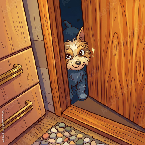 Adorable cartoon Yorkshire terrier dog peeking through slightly open wooden door at night, curious small puppy with sparkling eyes looking inside home interior, cozy indoor scene with wooden furniture