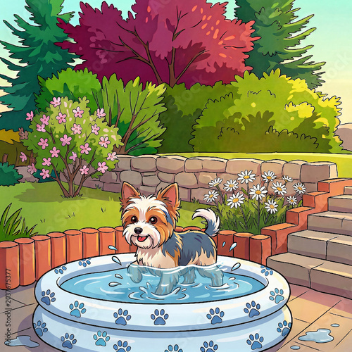 Happy cartoon Yorkshire terrier dog playing in inflatable paddling pool with blue paw prints, small puppy splashing water in backyard garden with daisies, stone wall and pink flowering tree, colorful