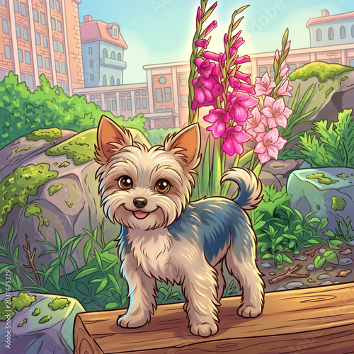 Happy cartoon Yorkshire terrier puppy standing on wooden log in city garden, cute small dog with pink gladiolus flowers, mossy rocks and green plants, urban park background with buildings, colorful