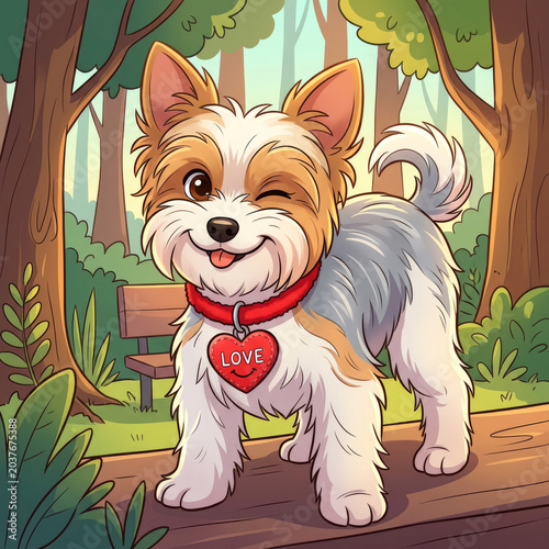 Happy cartoon Yorkshire terrier puppy winking with tongue out wearing red collar with love heart tag, cute small dog standing on wooden log in sunny forest park with green trees and bench, colorful