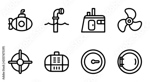 Bild auf Leinwand Nautical Icons Set: Submarine, Periscope, Ship, Propeller, Lifebuoy, Gauge, Hatc