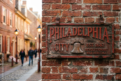Philadelphia City Sign on Historic Brick Building