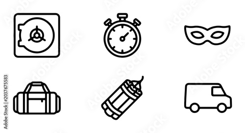 Fotografía Crime Icons: Safe, Stopwatch, Mask, Duffel Bag, Dynamite, Van Vector Set