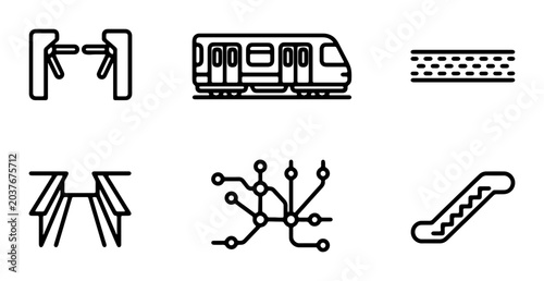 Public Transport Icons: Subway Train, Turnstile, Escalator, Metro Map, Station Entrance