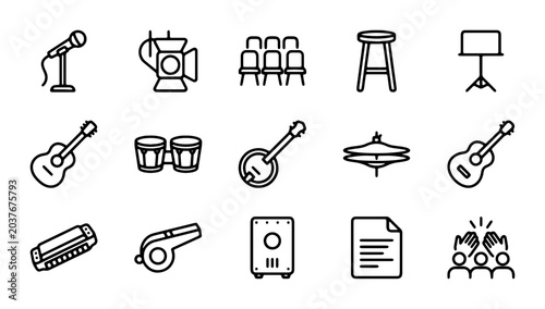 Foto Music Performance Icons Set: Microphone, Guitar, Drums, Banjo, Stage Equipment,