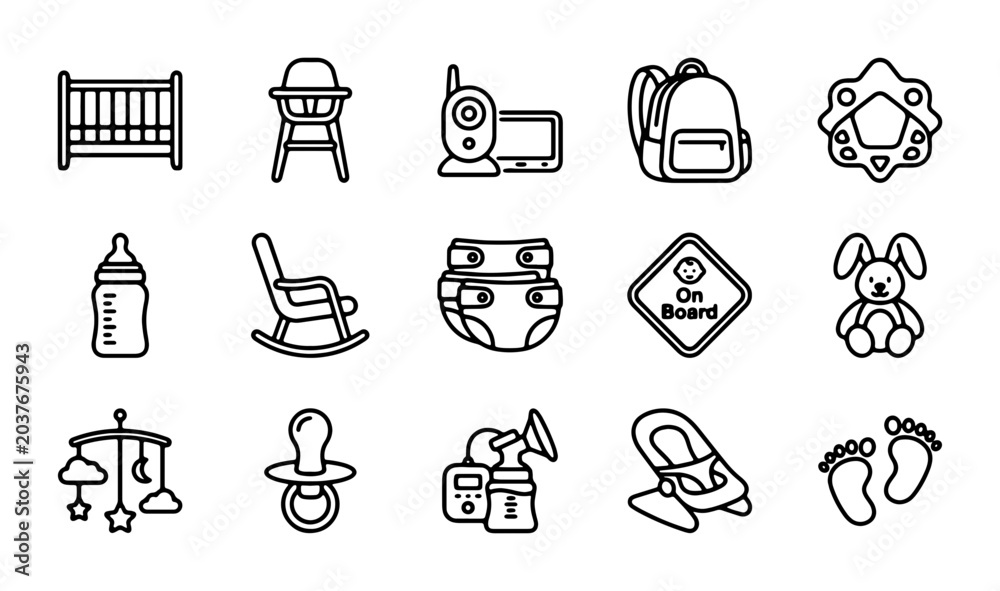 Fototapeta premium Baby Essentials Icons: Nursery, Feeding, Travel, and Playtime Vector Graphics Set