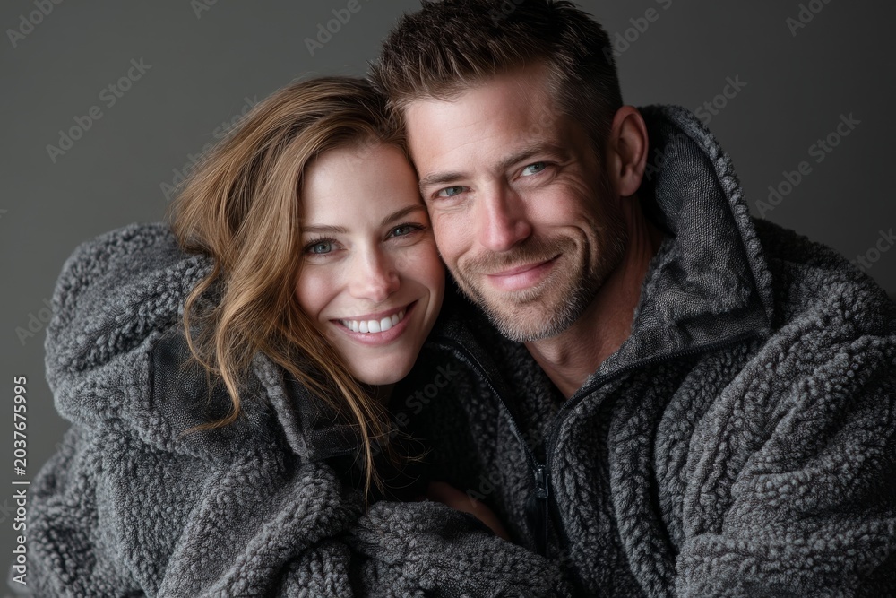 Obraz premium Portrait of a smiling couple in their 30s dressed in a comfy fleece pullover in soft gray background
