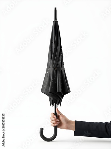 hand holding black umbrella 3d rendering isolated on white background cartoon plastic style icon