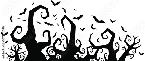 Spooky silhouette halloween trees and bats against white background