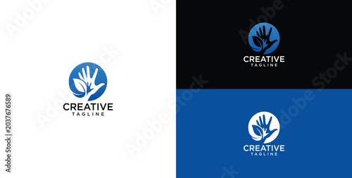 Creative hand holding leaves logo for nature and ecological care services
