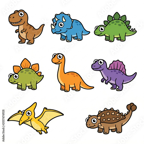 Cute Cartoon Dinosaur Collection Set Flat Vector Illustration Isolated on White Background