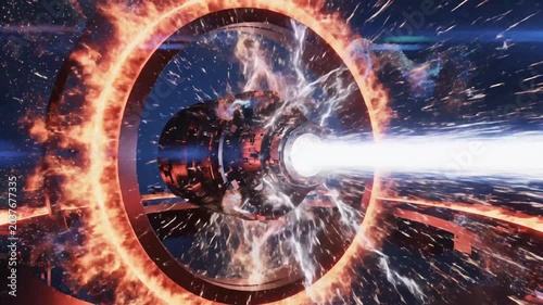 Abstract energy portal with glowing effects and particles on dark background