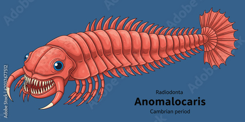 Anomalocaris radiodonta Cambrian period ancient marine arthropod isolated on blue.
