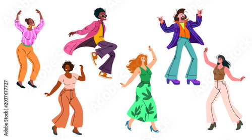 Dancing people set. Modern men and women at disco party. Happy people moving to music. Retro disco flat characters. Vector illustration isolated on white background.