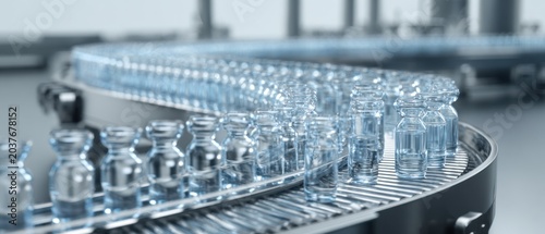 Medical vials on a conveyor belt pharmaceutical manufacturing concept