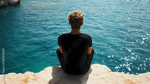 Man Meditating by the Azure Ocean