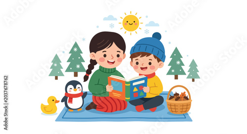 A young boy and girl sit on a blue blanket in a snowy winter landscape, happily reading a colorful picture book together.