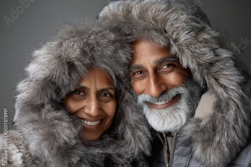 Portrait of a content indian couple in their 60s wearing a warm parka in blank studio backdrop