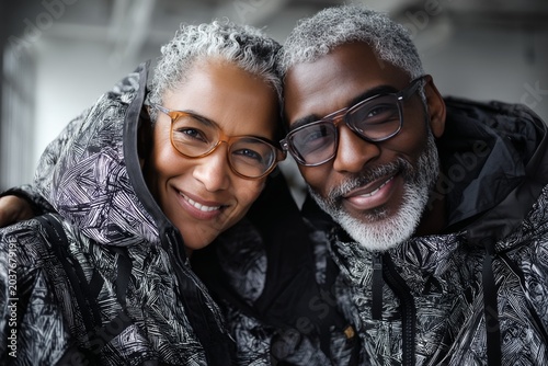 Portrait of a cheerful afro-american couple in their 50s wearing a functional windbreaker on empty modern loft background