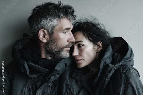 Portrait of a tender caucasian couple in their 40s dressed in a thermal insulation vest isolated in bare monochromatic room