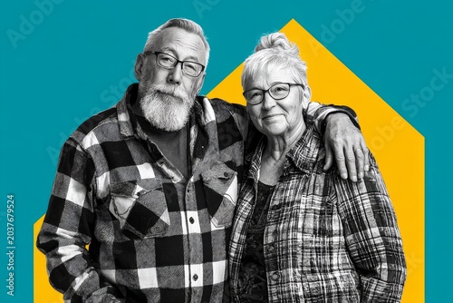 Portrait of a tender couple in their 70s wearing a comfy flannel shirt while standing against stylized simple home office background