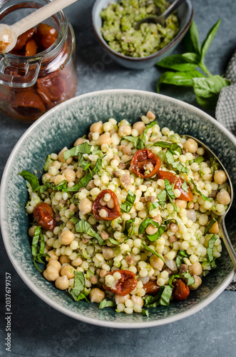 fregola salad with green olive relish and chickpeas