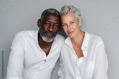 Portrait of a satisfied multiethnic couple in their 60s wearing a classic white shirt isolated in plain cyclorama studio wall