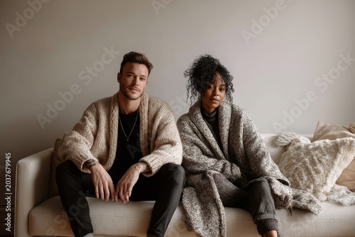 Portrait of a content couple in their 20s wearing a chic cardigan over crisp minimalistic living room