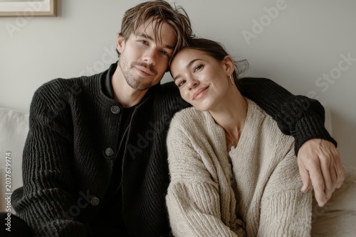 Portrait of a content couple in their 20s wearing a chic cardigan in crisp minimalistic living room
