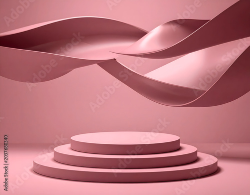 Pink Three Tier Round Podium with Flowing Ribbon Waves on Pink Background, Product Display Mockup
