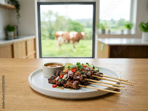 Grilled Beef Satay Skewers with Peanut Sauce in Farmhouse Kitchen