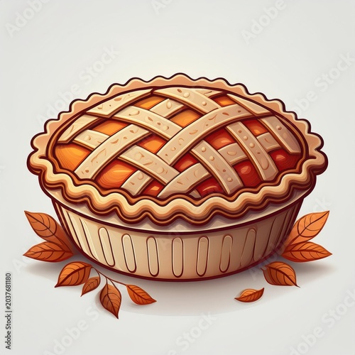A delicious pumpkin pie adorned with autumn leaves, epitomizing harvest season and festive gatherings.