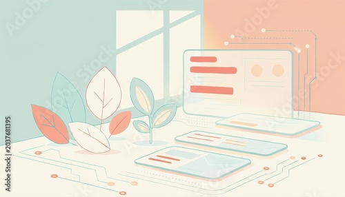 A modern workspace illustration featuring a laptop, screens, and green leaves, blending nature with technology.